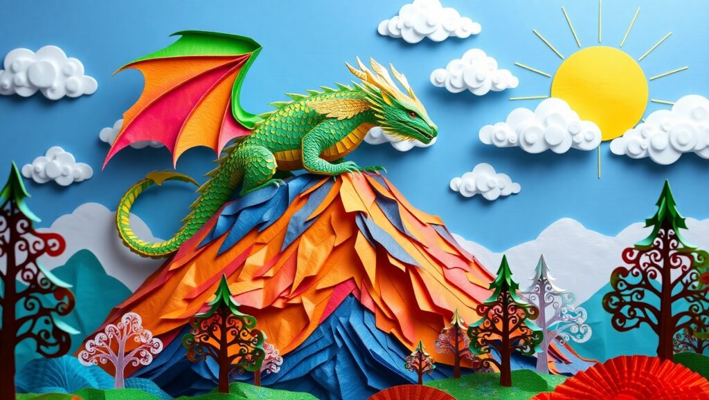 Friendly Dragon in Papercraft Landscape – free AI stock image