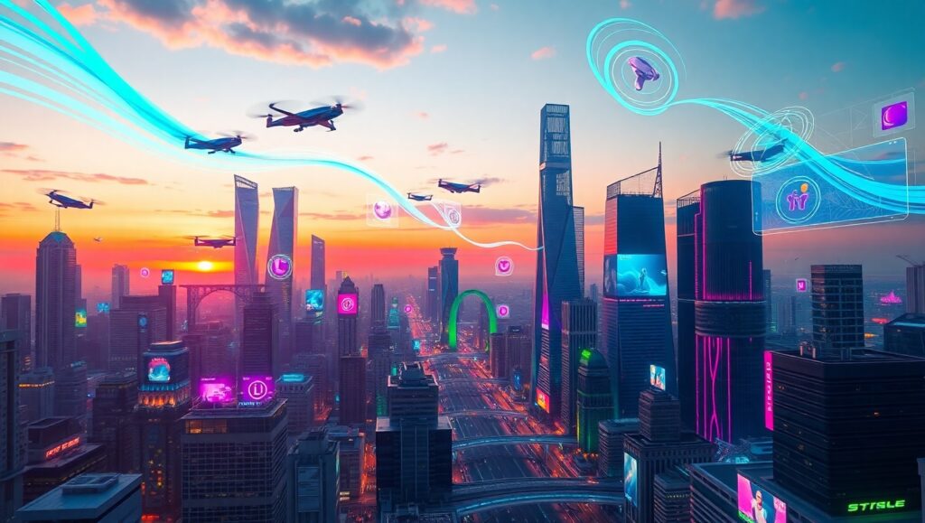 Future Cityscape with Neon Vibrance – free AI stock image