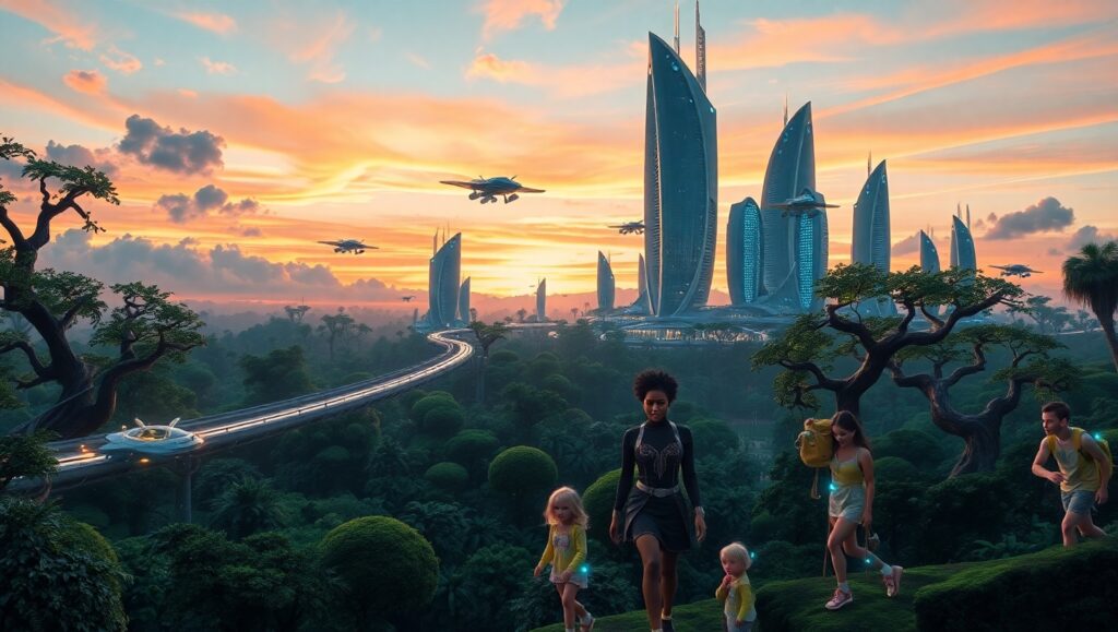 Futuristic City Above Lush Forest – free AI stock image