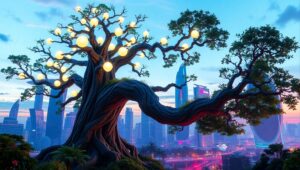 Futuristic City Among Giant Trees – free AI stock image