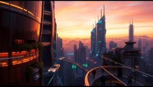 Futuristic City at Dusk gJk – free AI stock image