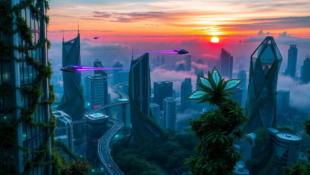 Futuristic City at Dusk nKw – free AI stock image