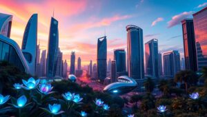 Futuristic City at Dusk OW1 – free AI stock image
