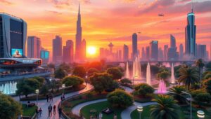 Futuristic City at Sunset 1Yh – free AI stock image