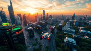 Futuristic City at Sunset – free AI stock image