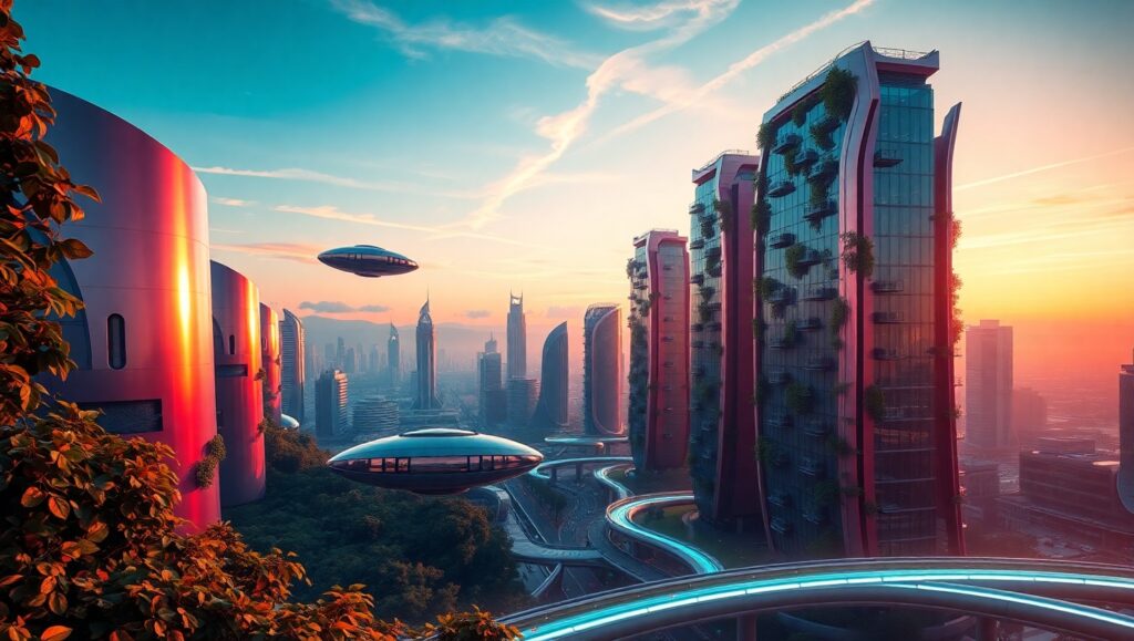 Futuristic City at Sunset EnS – free AI stock image