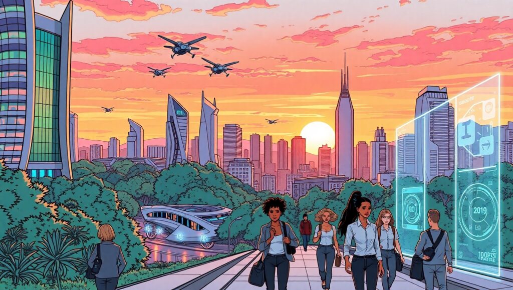 Futuristic City at Sunset hVL – free AI stock image