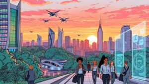 Futuristic City at Sunset hVL – free AI stock image