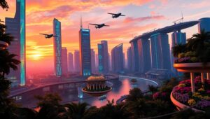 Futuristic City at Sunset jVv – free AI stock image