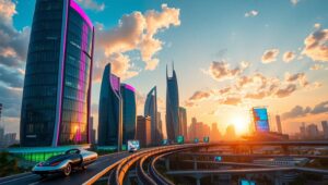 Futuristic City at Sunset ovu – free AI stock image