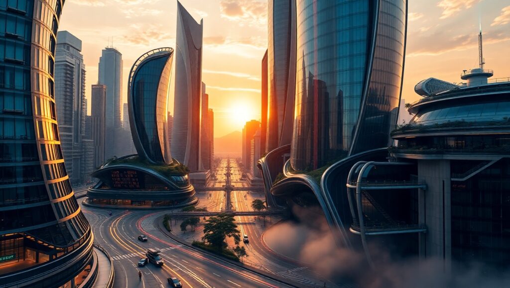 Futuristic City at Sunset pZL – free AI stock image