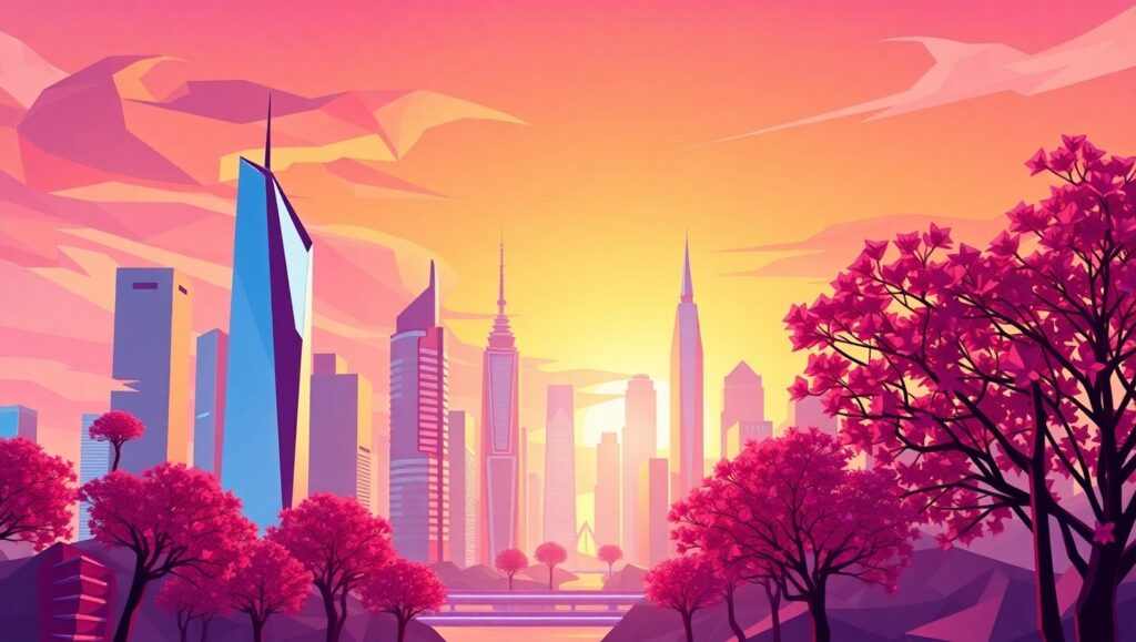 Futuristic City at Sunset y14 – free AI stock image