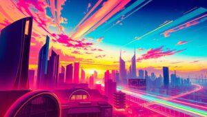 Futuristic City at Sunset YxO – free AI stock image
