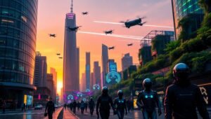 Futuristic City at Sunset ZOV – free AI stock image