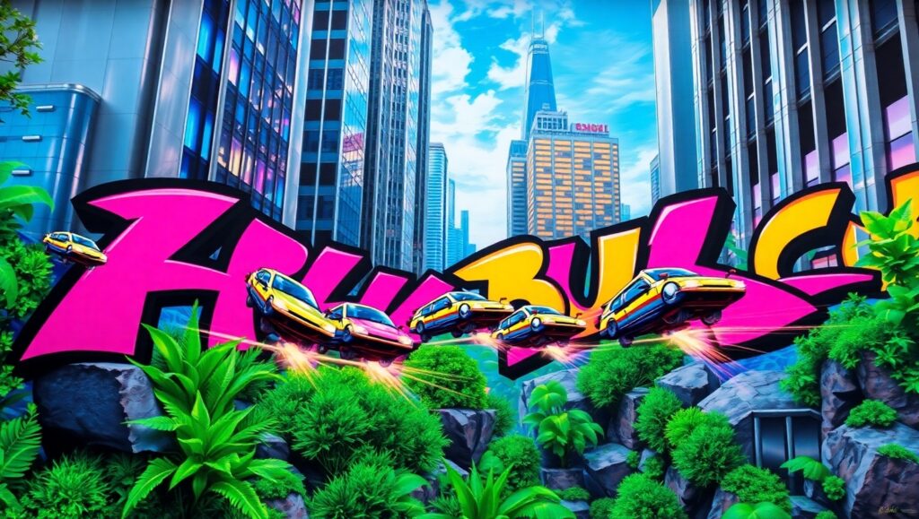 Futuristic City Graffiti Mural – free AI stock image