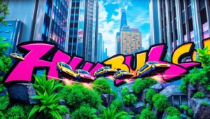 Futuristic City Graffiti Mural – free AI stock image