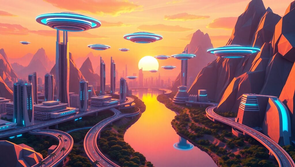 Futuristic City in Low-Poly Style – free AI stock image