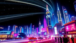 Futuristic City in Vibrant Motion – free AI stock image