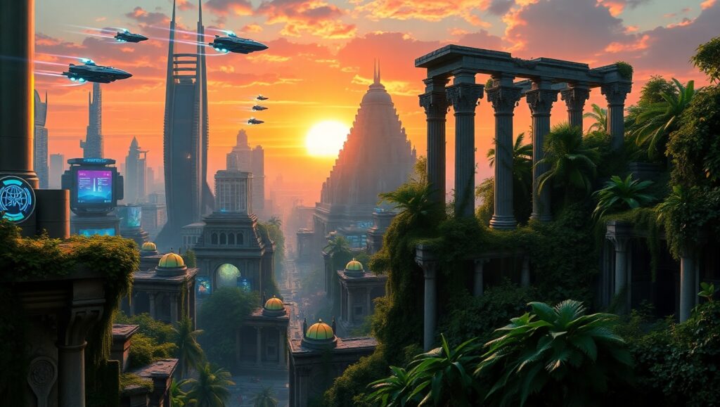 Futuristic City Meets Ancient – free AI stock image