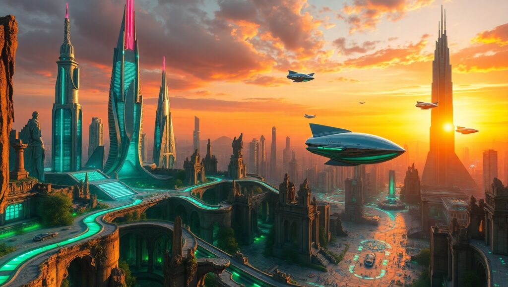 Futuristic City Meets Ancient Ruins – free AI stock image