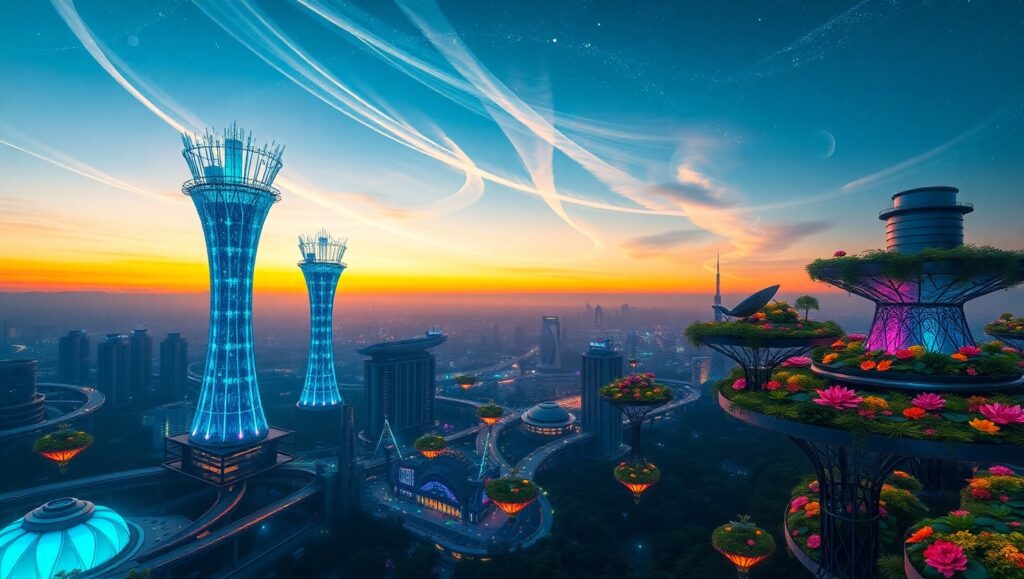 Futuristic City Meets Nature Harmony jwD – free AI stock image