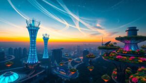 Futuristic City Meets Nature Harmony jwD – free AI stock image