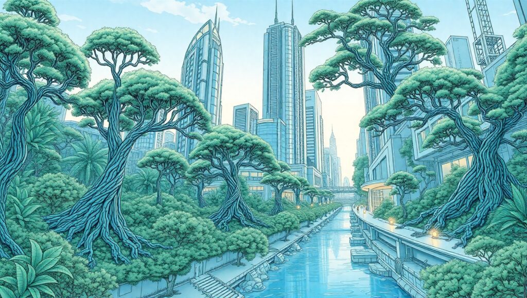 Futuristic City Meets Nature YGb – free AI stock image