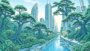 Futuristic City Meets Nature YGb – free AI stock image