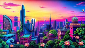 Futuristic City Mural at Twilight – free AI stock image