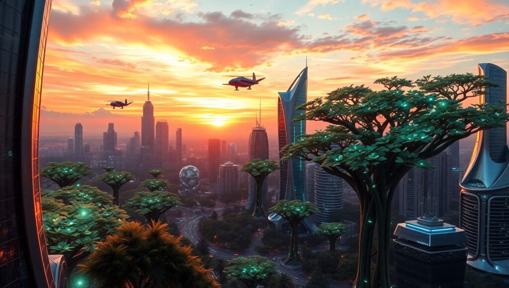 Futuristic City of Nature and Tech – free AI stock image