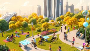 Futuristic City Park Adventure – free AI stock image