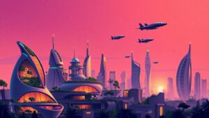 Futuristic City Skyline at Dusk 7YW – free AI stock image