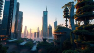 Futuristic City Skyline at Dusk – free AI stock image