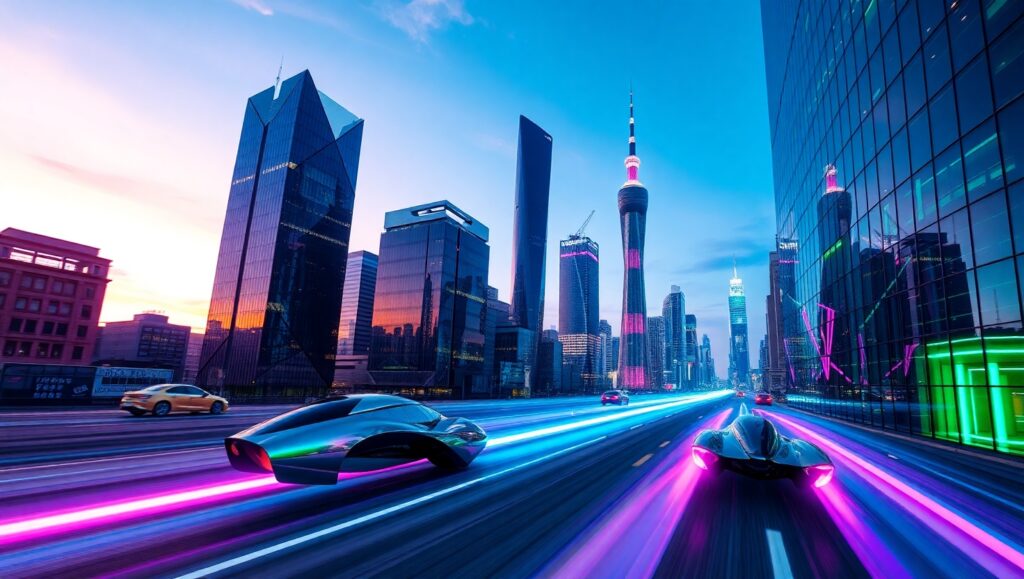 Futuristic City Skyline at Dusk IuY – free AI stock image