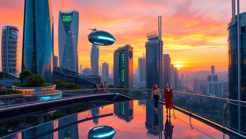 Futuristic City Skyline at Dusk sU2 – free AI stock image