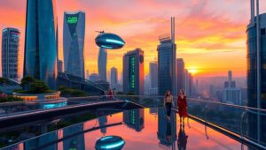Futuristic City Skyline at Dusk sU2 – free AI stock image