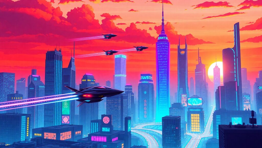 Futuristic City Skyline at Sunset 0Eo – free AI stock image