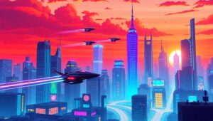 Futuristic City Skyline at Sunset 0Eo – free AI stock image