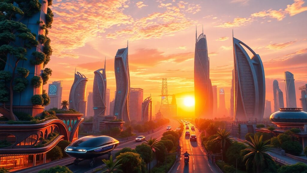 Futuristic City Skyline at Sunset aNF – free AI stock image