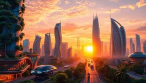 Futuristic City Skyline at Sunset aNF – free AI stock image