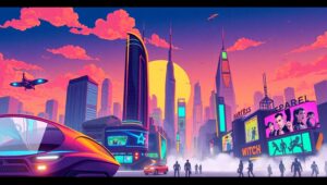 Futuristic City Skyline at Sunset – free AI stock image