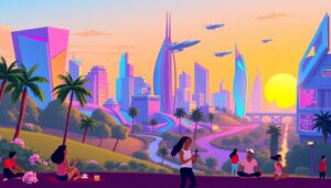 Futuristic City Skyline at Sunset KPf – free AI stock image