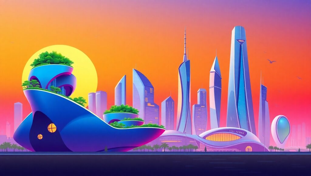 Futuristic City Skyline at Sunset mnY – free AI stock image