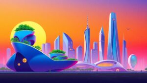 Futuristic City Skyline at Sunset mnY – free AI stock image