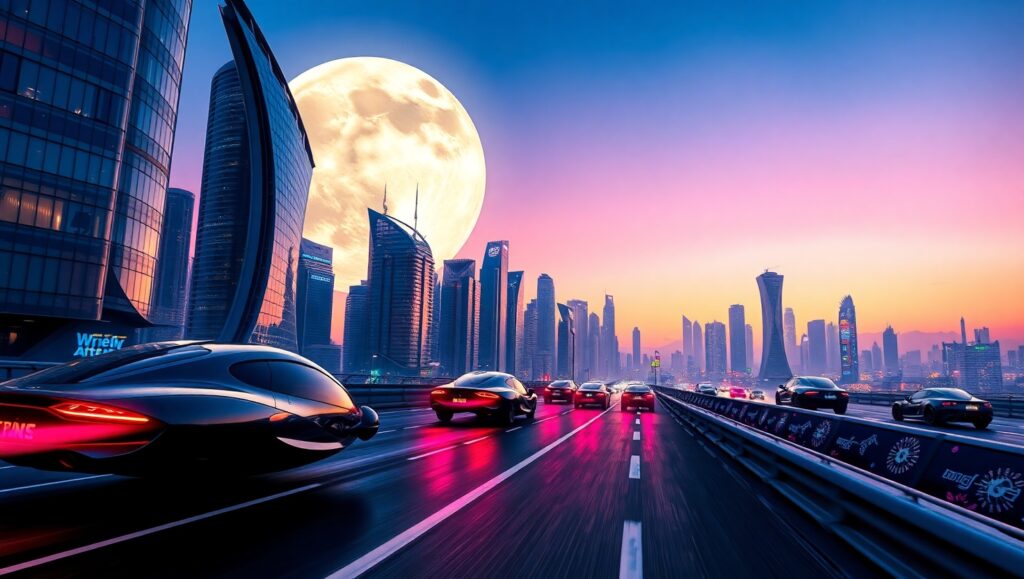 Futuristic City Under a Colossal Moon – free AI stock image