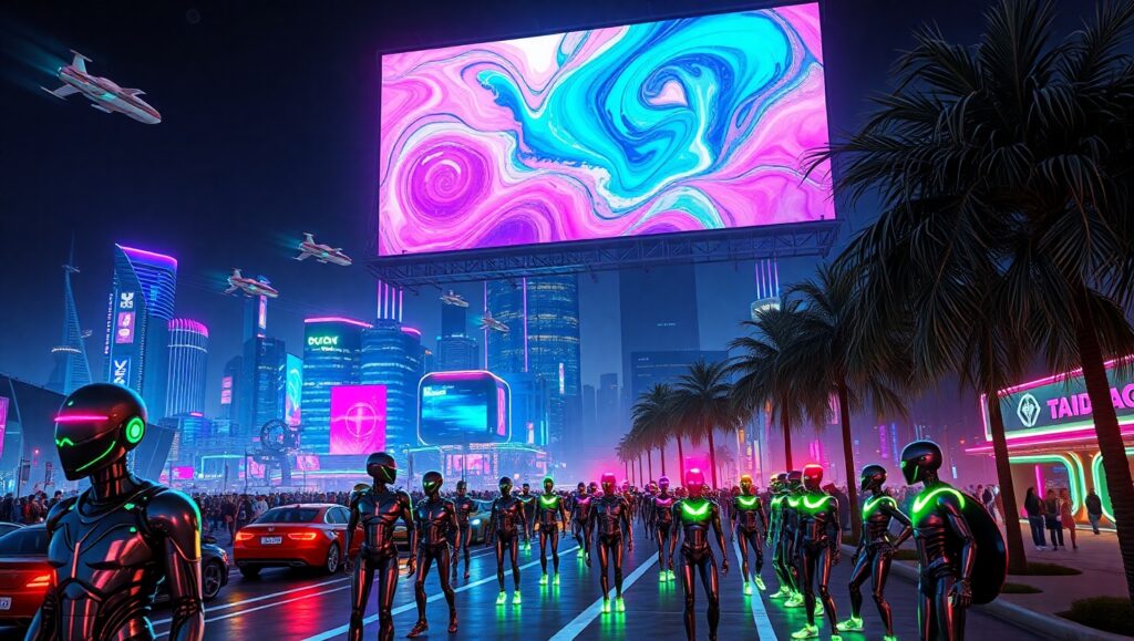 Futuristic City Under Neon Sky – free AI stock image