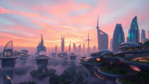 Futuristic City with Floating Buildings – free AI stock image