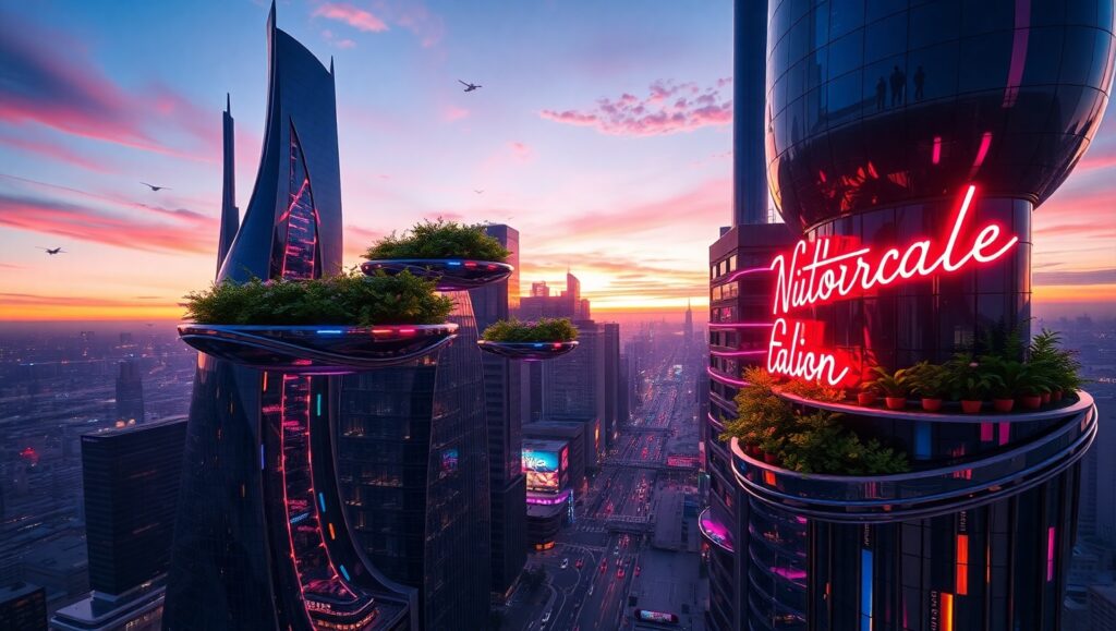 Futuristic City with Floating Gardens J02 – free AI stock image