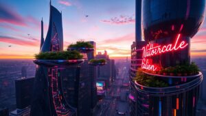 Futuristic City with Floating Gardens J02 – free AI stock image