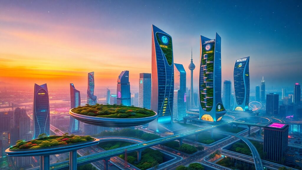 Futuristic City with Floating Gardens OLR – free AI stock image